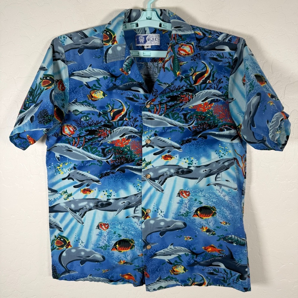 Vintage RJC Shirt Mens Medium Blue Hawaiian Camp Ocean Sea Fish Dolphin Corral